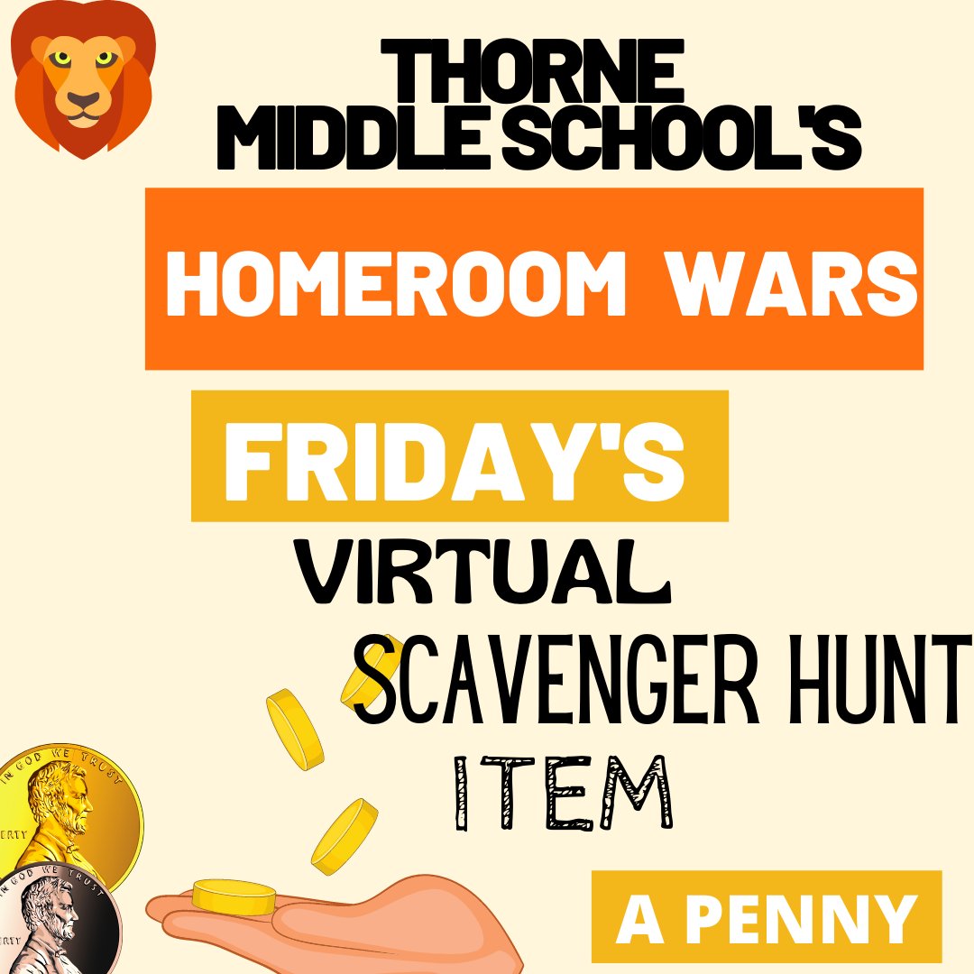 Thorne, tomorrow is the last day of the Homeroom Wars! Friday's item is a penny. #ThorneHomeroomWars #ThornePride <a href="/Mrs_MamaMess/">Mrs_Mess</a> <a href="/miss_morizzo/">Cynthia Morizzo</a>