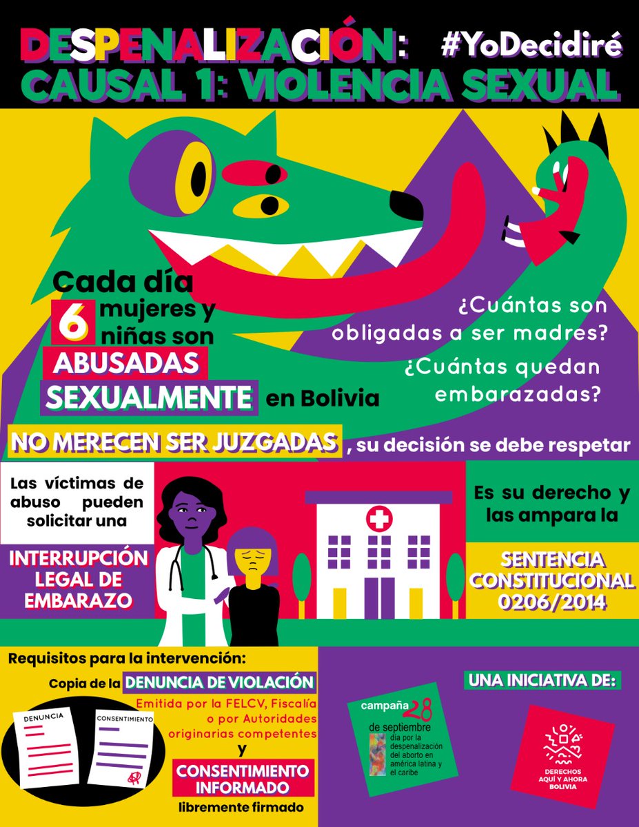 Las víctimas de abuso sexual pueden solicitar la interrupción legal del embarazo.

En Bolivia, el aborto por violencia sexual ¡es legal!

#YoDecidiré 
DESPENALIZACIÓN, ABORTO LIBRE, LEGAL Y SEGURO
#Campaña28