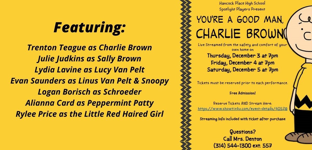 It's opening night. Reserve your virtual seat to the live streamed performance of You're a Good Man, Charlie Brown here: showtix4u.com/event-details/… #hpsdtigers #hphstigers