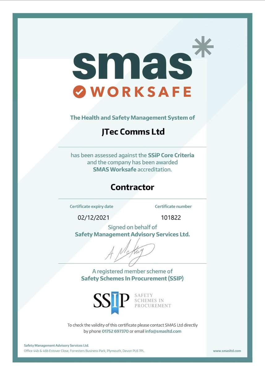 JtecComms's tweet image. Great news this morning, Jtec Comms have been awarded &quot;approved contractor&quot; status under the SMAS/SSIP worksafe scheme. 
Being safe at work is everyone&apos;s responsibility.