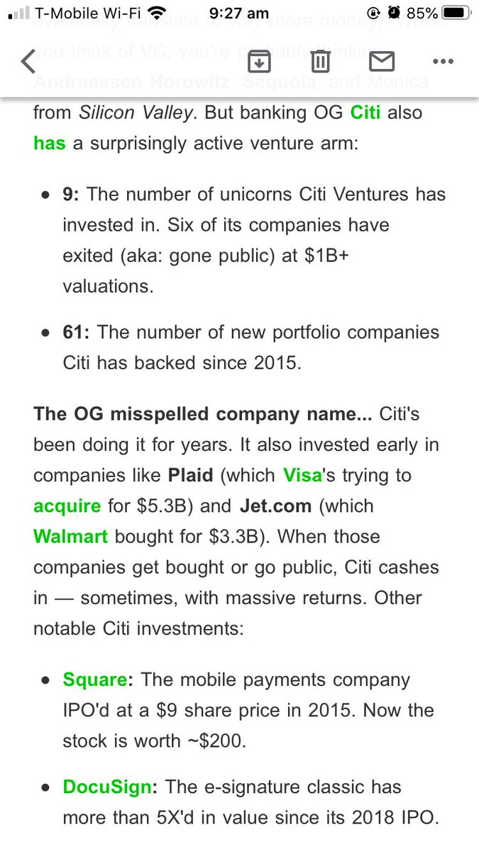 tor_newell's tweet photo. Read in @RobinhoodSnacks newsletter this morning about Citi’s VC arm and some of the investments they’ve made (it’s a pretty impressive list!) I thought it was interesting to see the crossover between big banks and VC. #bcstt https://t.co/QLTtRjBmlU