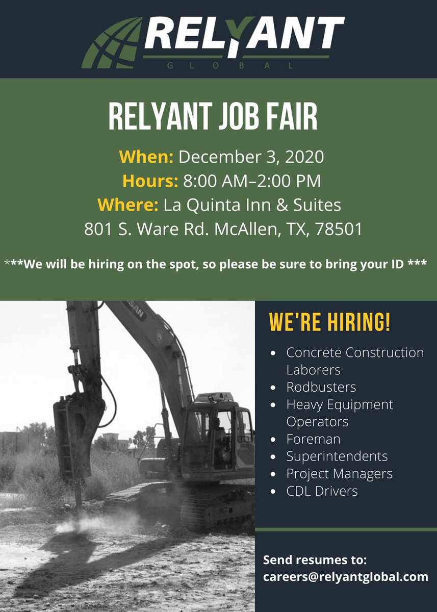 GoRELYANT's tweet photo. Join us as we grow! The RELYANT Job Fair is happening TODAY at the La Quinta Inn &amp; Suites in McAllen, TX. We have several open positions in Hidalgo County, Texas and will be hiring on the spot. We hope to see you there! #goRELYANT #RELYANTglobal #Jobs #JobFair #JobSeekers https://t.co/crKUpqA7oB