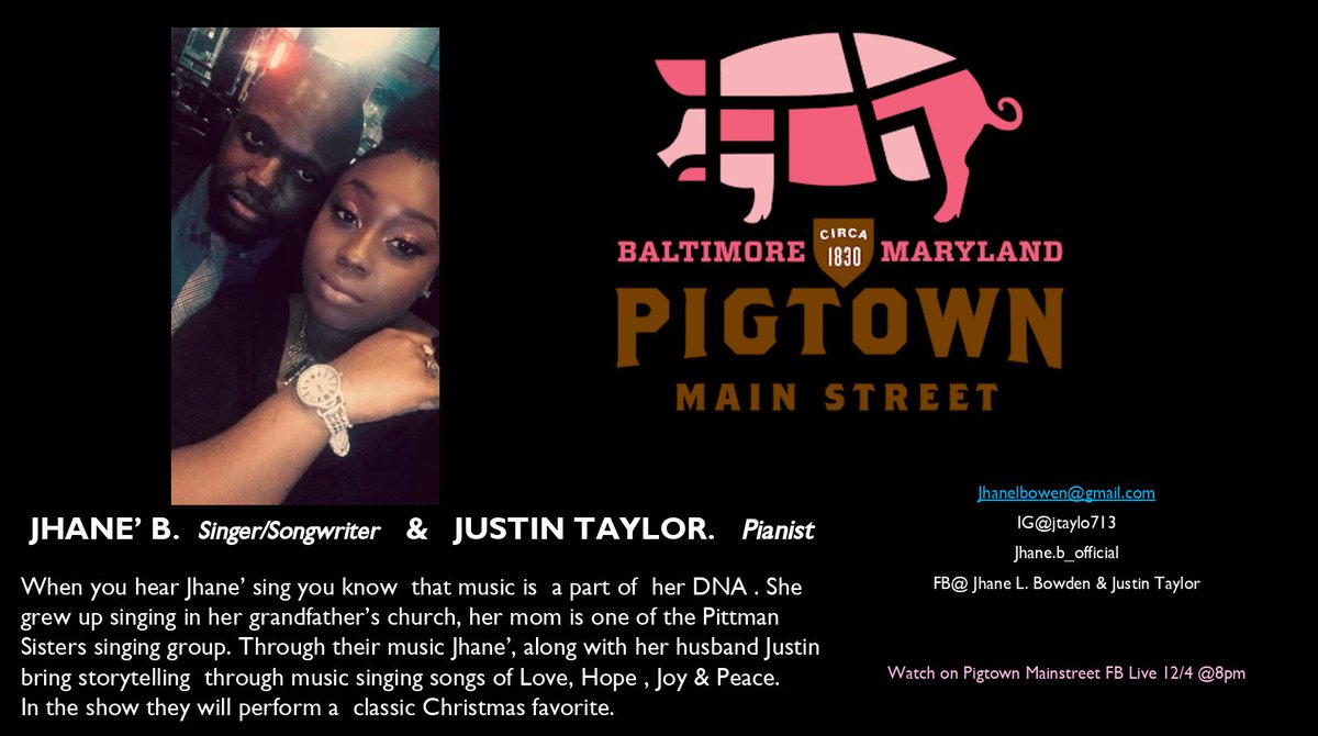 Jhane' and Justin are married and through their music, they love to share love, hope, joy, and peace!  Tune in to see their performance this Friday! 

#PigtownShuffle #shuffleintopigtown #Pigtown #PigtownMainStreet #Baltimore #Bmore #MainStreet