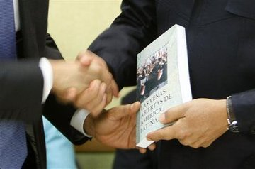 14)Appeasement 101“President Obama shook hands with the dictator, as usual, and said he wanted to be friends and reset US-Venezuelan relations. Chavez responded by presenting Obama with a book that claims the United States plunders Latin America.”