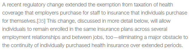 The recent Individual Coverage HRA rule doesn't just help put individuals in control of insurance, it reduces adverse selection and protects them from the risk of denials due to pre-existing conditions, by extending the continuity of coverage over time.  https://www.manhattan-institute.org/continuous-renewable-coverage-americas-health-insurance-system