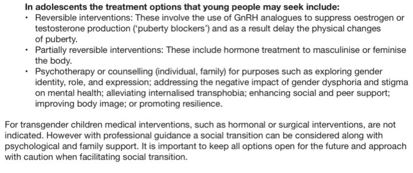 Let’s look at what it says about children. Under treatment options for adolescents puberty blockers are listed as reversible. Remember that this is a 2017 document and, although some doctors have been shouting that these have not been reversible since 2010, not everyone ...7/