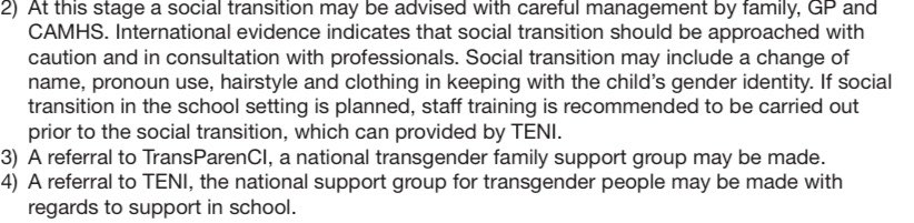 At least the document indicates that social transition should be approached with caution. The adults came back into the room for that statement. But don’t forget that if you plan to transition in school make sure that TENI are involved. 14/