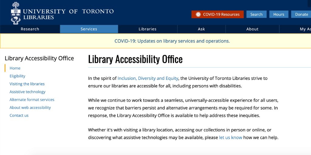The  #UofT Library Accessibility Office has several services available for persons with disabilities, including print conversion and captioning.  Learn about our services:  https://onesearch.library.utoronto.ca/accessibility-office/library-accessibility-office