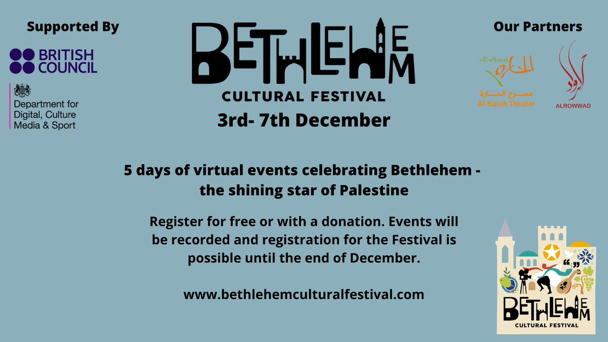 BethlehemCF's tweet photo. And it has arrived! Today we open Bethlehem Cultural Festival - a virtual celebration of the town of Bethlehem in Palestine, a celebration of the city's history, culture, traditions &amp; heritage.

A 5 day Festival with 37 events, spanning artists from Palestine and afar.

Join us💕 https://t.co/37L47GpfCS