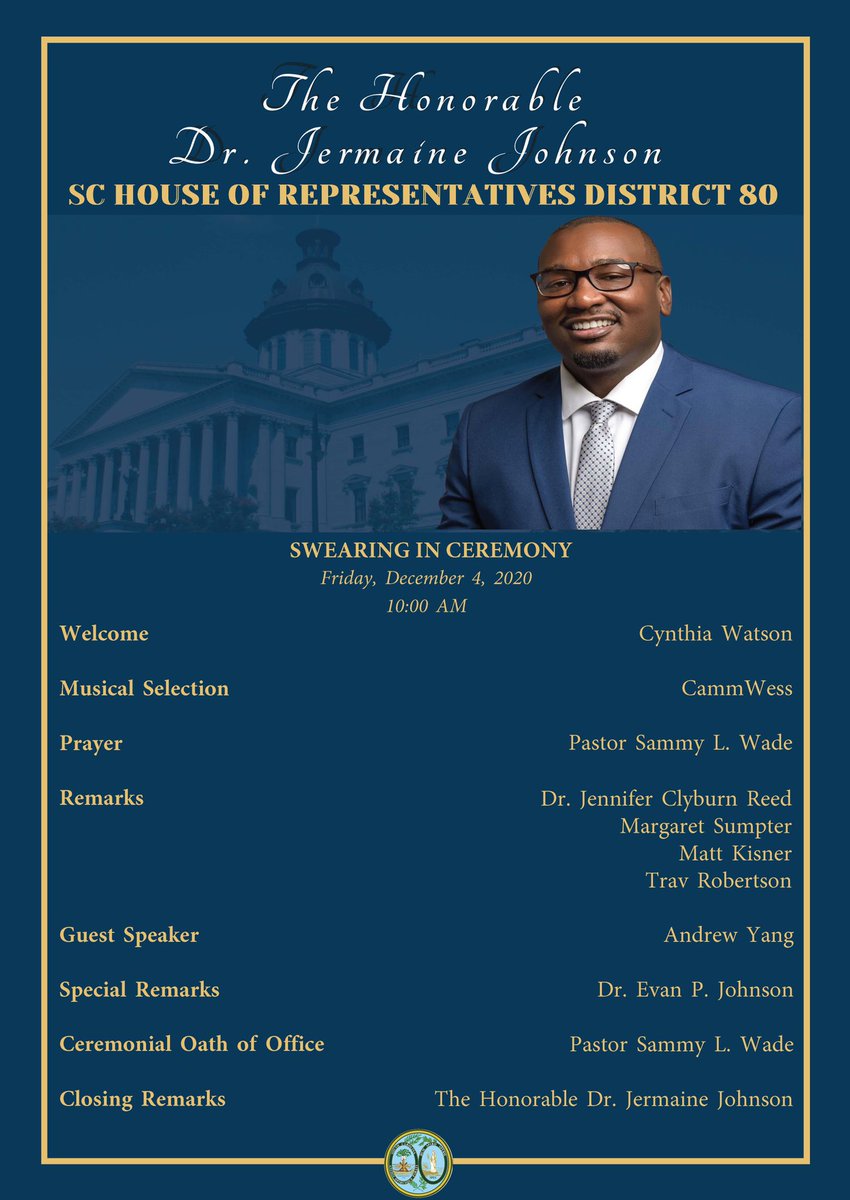 NCforAndrewYang's tweet photo. Y’all we have to go see @Dr_JLJohnson get sworn in tomorrow in Columbia at 10am. @AndrewYang is SPEAKING!!! Who is going??? https://t.co/b1DofFy0t7