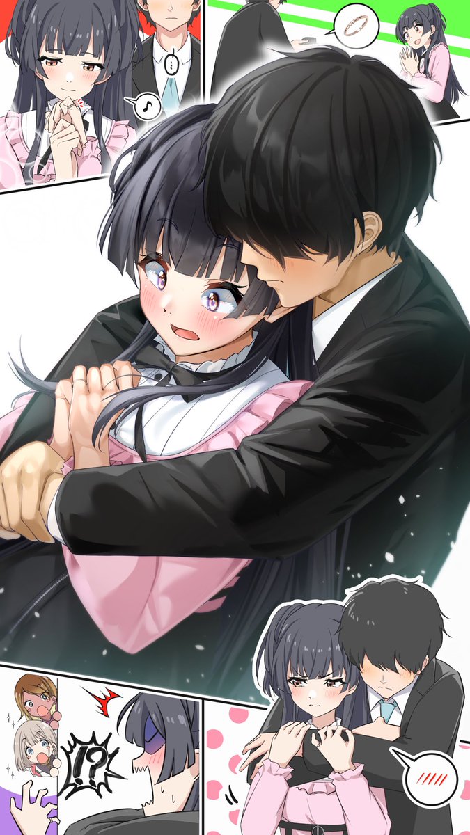 izumi mei ,mayuzumi fuyuko ,serizawa asahi black hair 1boy hug hug from behind multiple girls blush spoken blush  illustration images