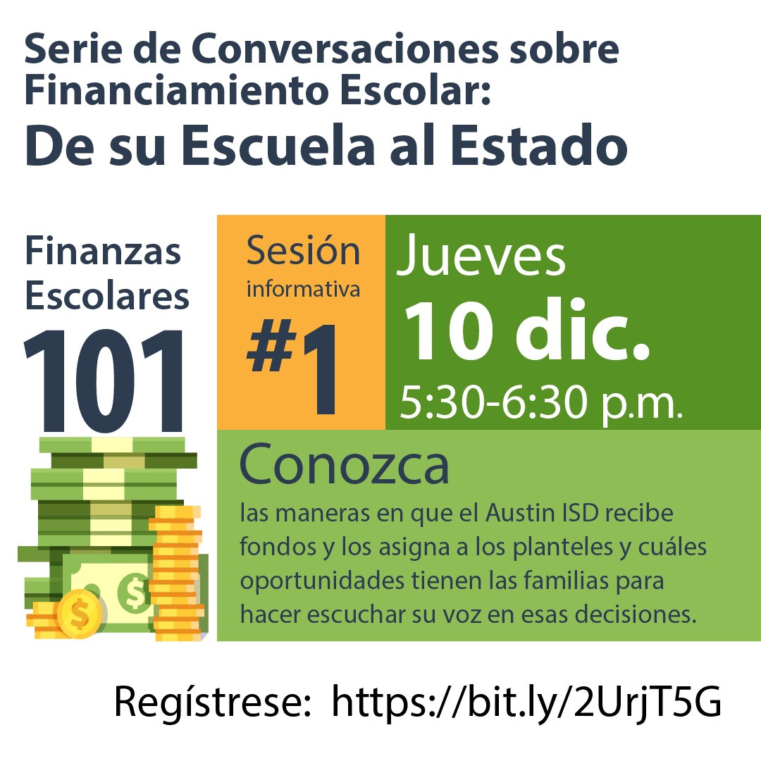 AustinISD's tweet photo. Les invitamos a nuestra sesión informativa Finanzas Escolares 101 el jueves 10 de diciembre, de 5:30 a 6:30 p.m. vía Zoom: https://t.co/SmZHYB3vhP

#WeAreAISD #SomosAISD #AISDProud @aisdparents @educaaustin @austinpta https://t.co/IEGWIW4mAx