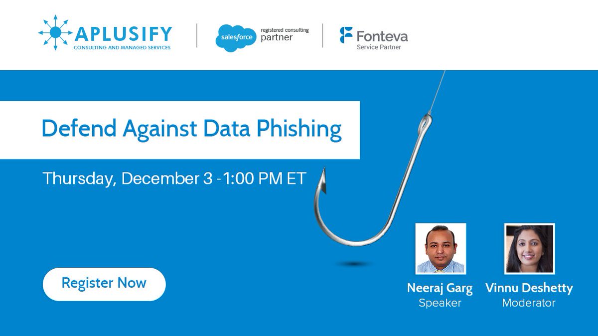 Join us today for Aplusify’s free webinar on #dataphishing “Defend Against Data Phishing” @01:00 PM ET. Learn how to protect your valuable Salesforce data. Register now! ow.ly/cDjF50CzRUF
#cybersecurity #digitalsecurity #MFA  #assnchat #digitaltransformation #CyberSecurity