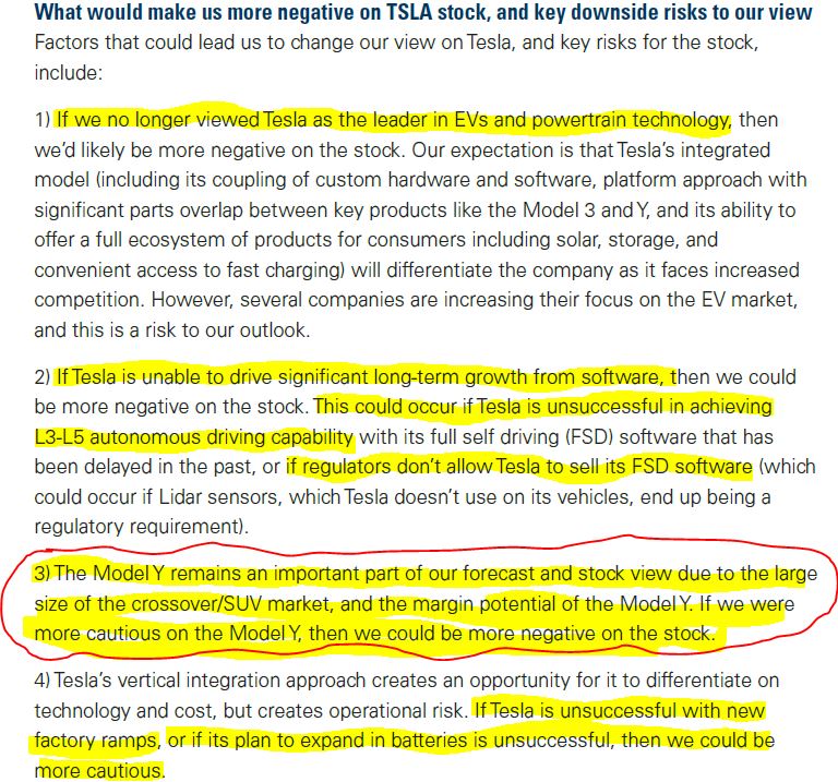 3/ Always read the "Risk" section:-$GS views the Model Y as the biggest risk -Tesla cut the MY price by $3K only 3 months post launch-$GS applauds Tesla's EV & powertrain tech. Rivals laugh-If FSD doesn't reach L3-L5 capability,  $GS says "risk"Sounds like my "short" thesis