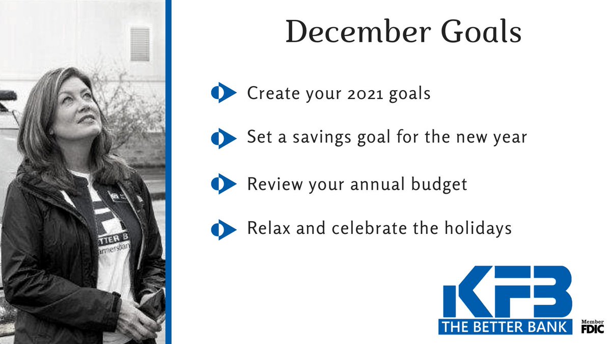 BankKFB's tweet photo. December is here and with it the holidays and the final days of 2020. Whether you create a vision board or save your goals in the notes on your phone, use this last month to focus on your goals for the upcoming year. Here are some to get you started. #KFB https://t.co/xZpjv9Je6I