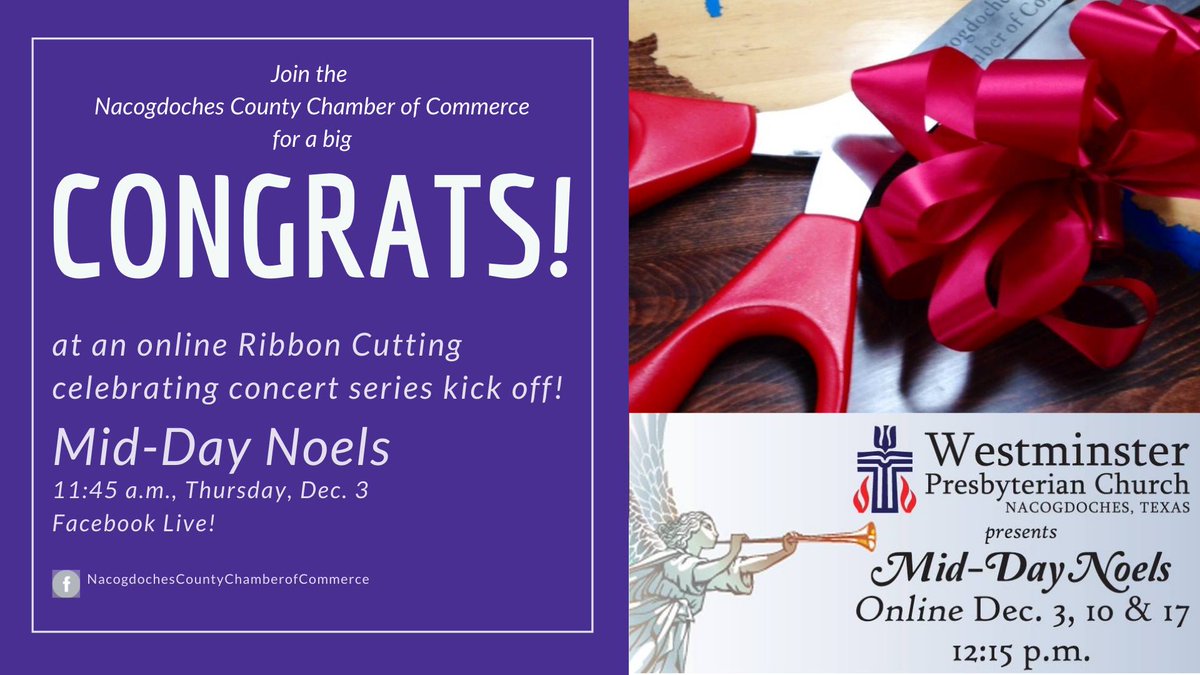 wpcnac's tweet photo. Join us at https://t.co/icusxMAkRy for an online @nacogdocheschamber ribbon cutting, a brief welcome from Interim Pastor Rev. Howard Reed and the opening of our 26th Season of Mid-Day Noels online featuring the SFA Percussion Ensemble and Steel Drum Band. #advent #pcusa @SFASU https://t.co/3zfHwlE0wM