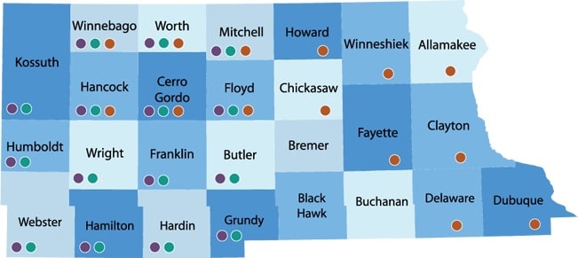 The teal dot represents the Sexual Assault advocates and the counties served by Crisis Intervention Service.