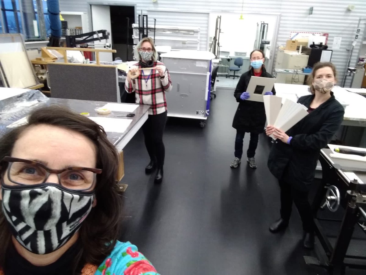TaniaPassafiume's tweet photo. Social distancing has its challenges while working on a project together @LibraryArchives. Learning about how to make the most efficient micro environment with @PhotoCons #conservationatlac #ConservationAtLAC #micromaddnessproject https://t.co/7nbsYfo85i