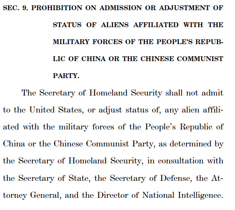 Sec. 9: A new provision that bans anyone "affiliated with" the Chinese military or Chinese Communist Party. This is bound to be highly controversial. 16/
