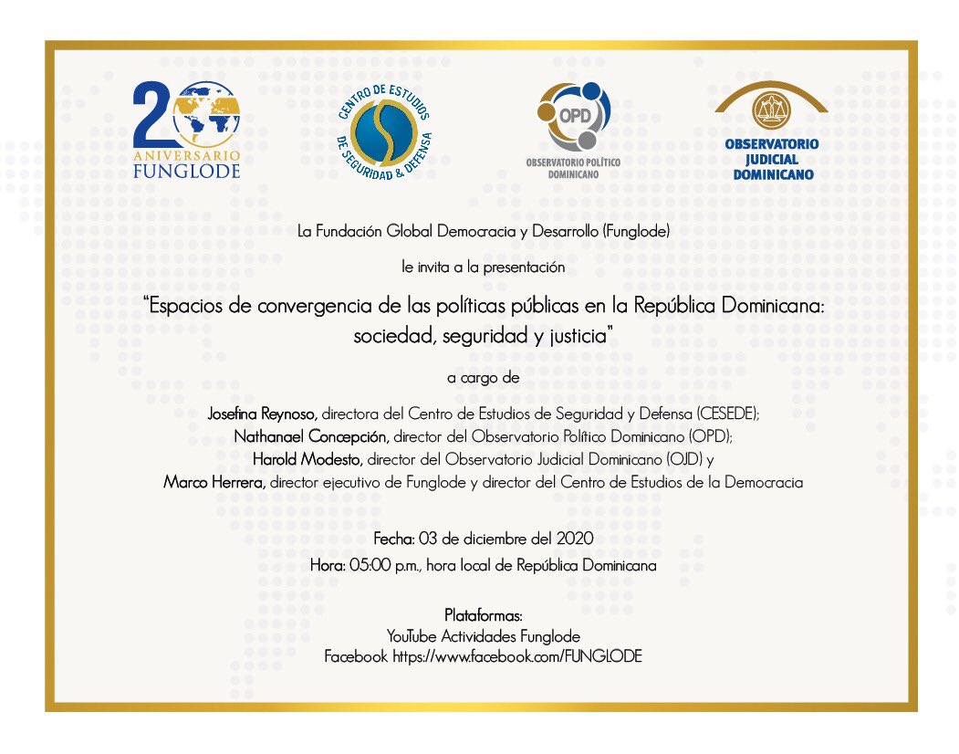 HOY‼️

No olvides formar parte de la celebración de los 20 años de funglode hoy jueves 3 participando en la presentación “Espacios de convergencia de las políticas públicas en la República Dominicana: Sociedad, seguridad y justicia.” 

NO DEJES QUE TE LO CUENTEN❗️