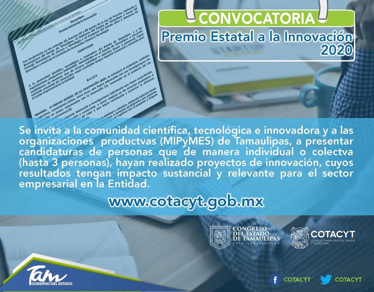 COTACYT's tweet photo. #Convocatoria | Premio Estatal a la Innovación 2020 iNo te quedes fuera! Consulta las bases en: https://t.co/ZaAmW1uRW4 @gobtam @CongresoTams @EDUCATAM #CTITam #PremioInnovaciónTam https://t.co/CbfX9MJoG0