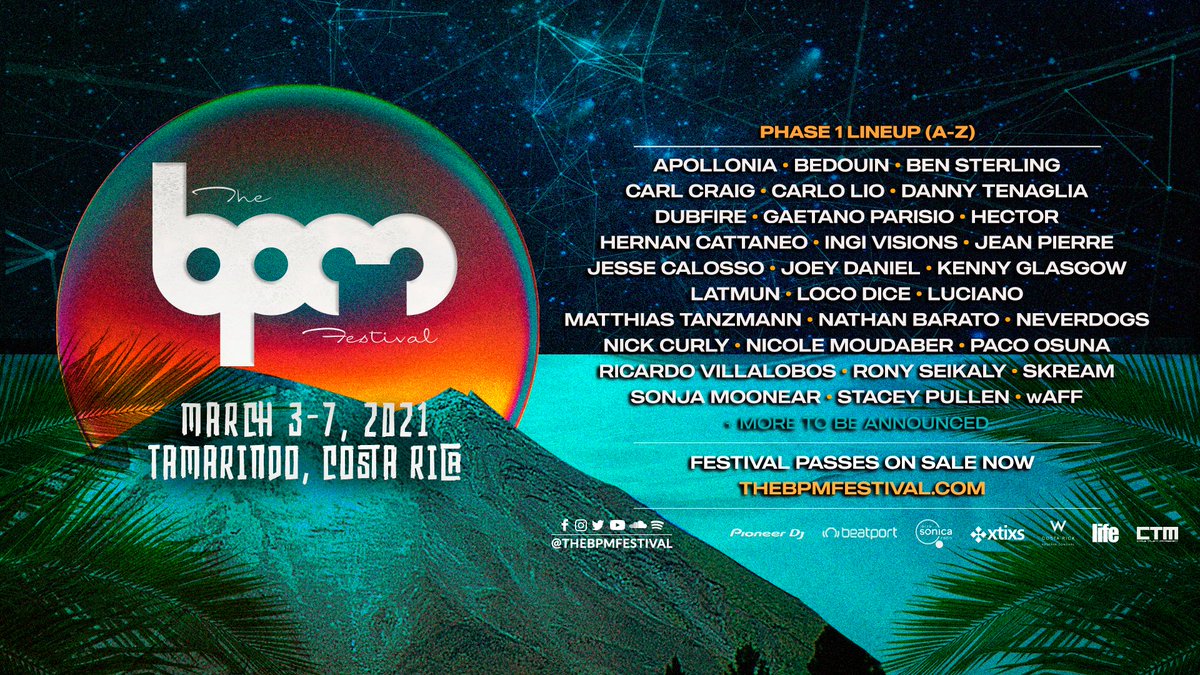 🇨🇷 PHASE 1 LINEUP IS HERE! 🇨🇷

Join us in paradise with <a href="/Bedouin_Music/">Bedouin</a>, @Dubfire, @Cattaneo_Hernan, @LocoDiceofc, <a href="/NicoleMoudaber/">Nicole Moudaber</a>, <a href="/Paco_Osuna/">Paco Osuna</a>, <a href="/RonySeikaly/">Rony Seikaly</a>, <a href="/I_Skream/">Oliver Jones</a> + more for #BPMCostaRica 🌴🎶🎉

🎟 5-day festival passes are ON SALE NOW! Buy yours 👉 bit.ly/BPMCR21_Tier1tw