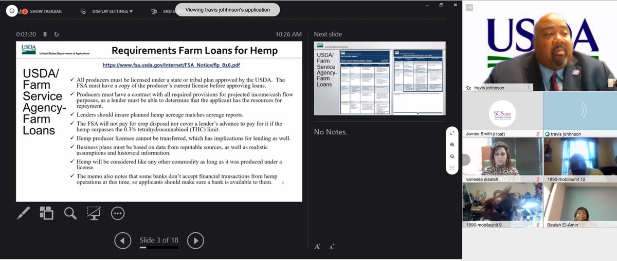 SCState1890's tweet image. @ScsuUsda liaison Travis Johnson discusses the @USDA Farm Service Agency-Farm Loan requirements for hemp during The Next Wave of Hemp webinar