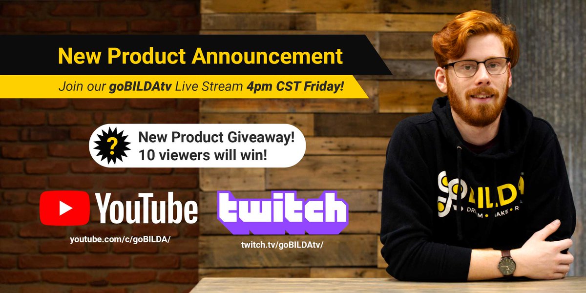goBILDA's tweet photo. We're excited to be back and chat with you! Tune in Friday at 4pm CST on YouTube and Twitch for our newest product announcement. See you soon! #gobildafreebie #letsgobildatogether #gobildatv
https://t.co/oG0qcTDXDl https://t.co/JHLVQZmtgL