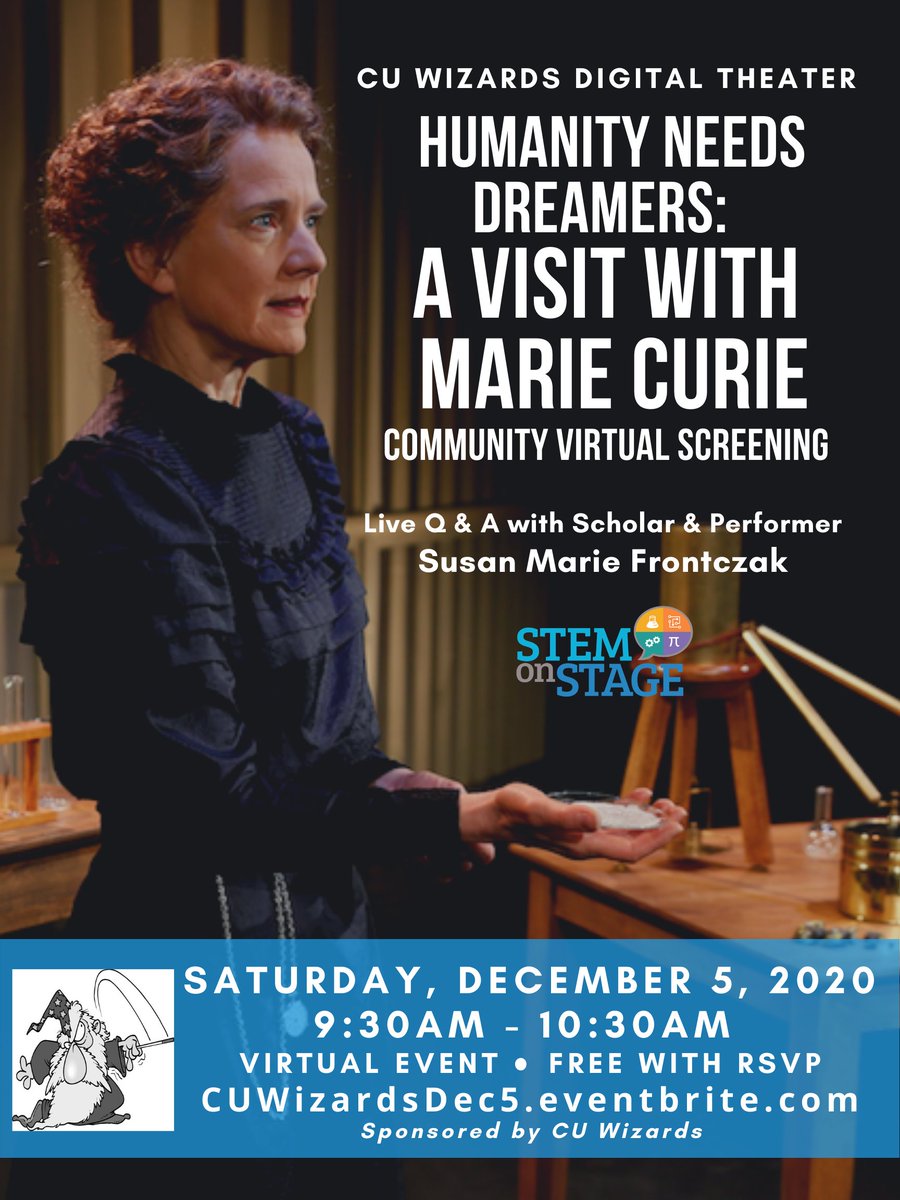 CU_Wizards's tweet photo. Free VIRTUAL THEATER for Kids! "Humanity Needs Dreamers: A Visit with Marie Curie"  Sat DEC 5 @ 9:30-10:30 a.m. RSVP https://t.co/ZAle9z86e0 Info: https://t.co/0dT8OrJUA9 #homeschooling
#cuboulder #coloradodaily #Colorado #BVSD #BVSDLearns  #BVSDcolorado #ScienceDiscovery  #BVSD https://t.co/oV921aFafD