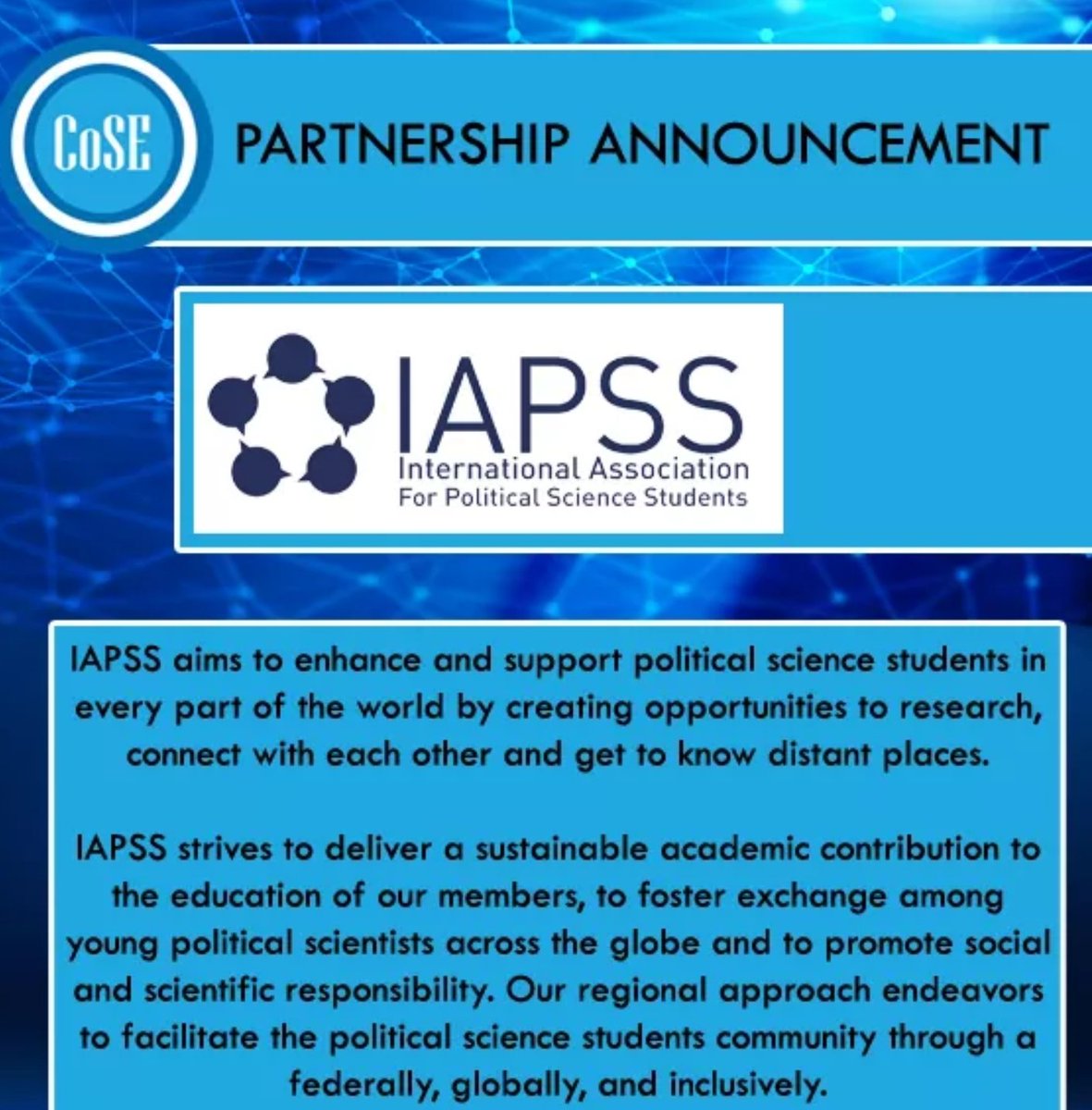 🤝 New Partnership Announcement

We are officially in partnership with the International Association for Political Science Students <a href="/iapss/">IAPSS</a>

IAPSS is a network of political science students and junior faculty from over 70 countries. #Partnership #CoSE #IAPSS