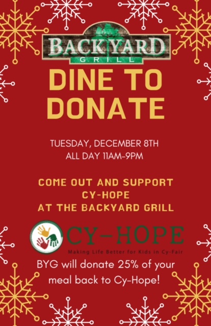 Dine to Donate at <a href="/TheBYG/">The Backyard Grill</a> on Tuesday, December 8th!!!  #cyhope #backyardgrill #dinetodonate
