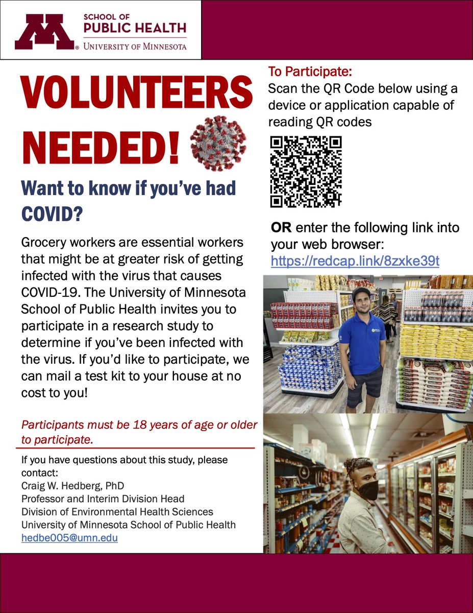 Do you work in a grocery store? The U of MN is seeking essential workers in grocery stores for an important COVID-19 antibody study. Enroll here: redcap.link/8zxke39t