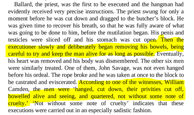 Every 16th/17th-c. English town of any size had a constant stream of public executions of unremitting awfulness. Here’s an execution in 1586 at St. Giles’ Circus in London: 2/9