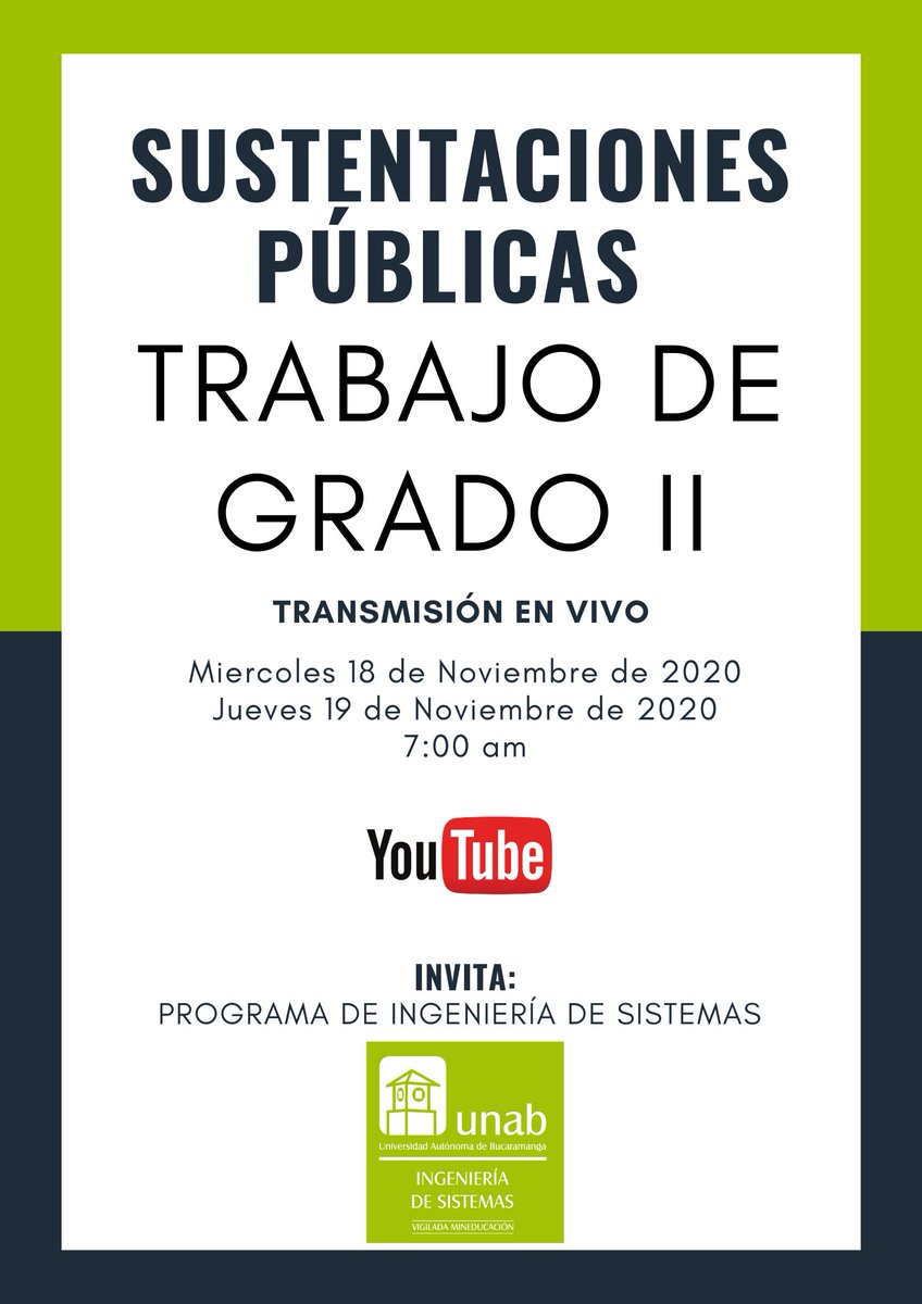 Si te perdiste alguna presentación de las sustentaciones publicas de trabajo de grado II, aquí te las traigo: 🤓🤓🤓
--Sustentaciones TGII Miércoles 18 noviembre 2020= https://t.co/LFdqW9yUKU
--Sustentaciones TGII Jueves 19 noviembre 2020= https://t.co/wgDvUc5xK0 https://t.co/VMu8jOH3Ek