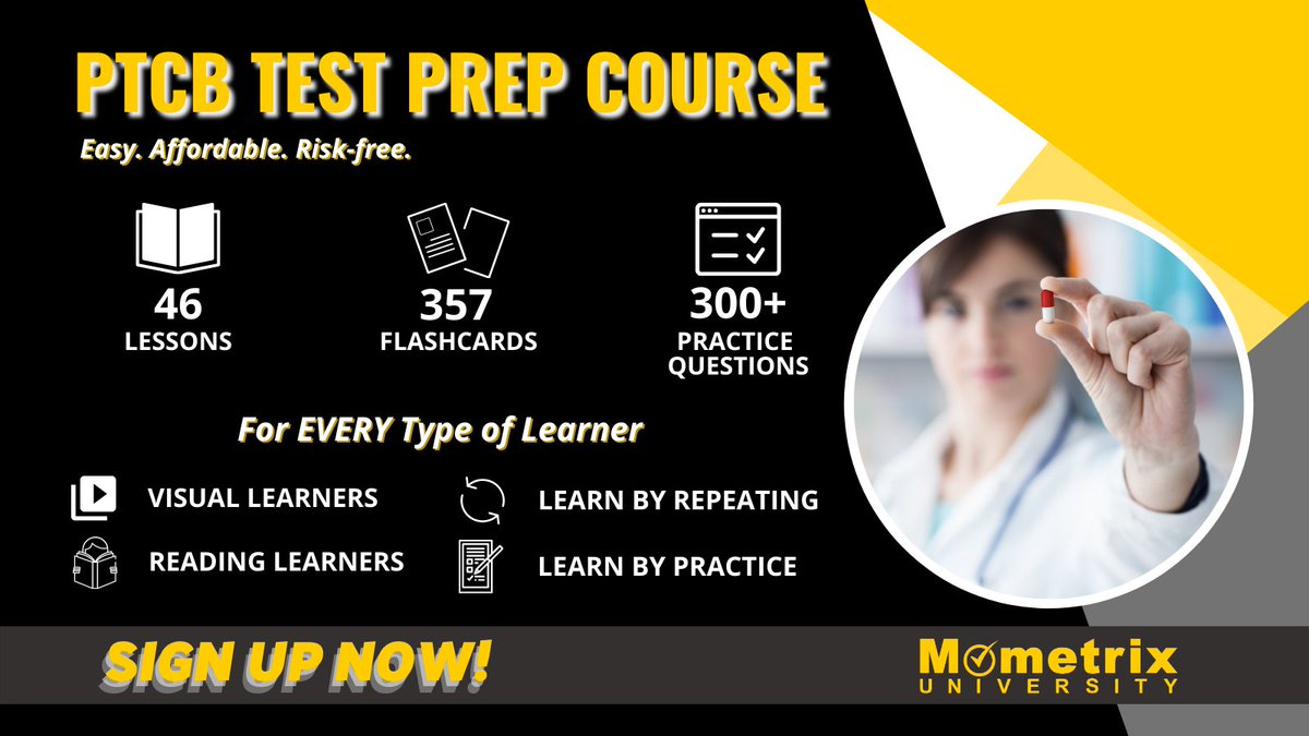 Mometrix's tweet image. #Mometrix Academy is a completely free pharmacy tech test resource provided by Mometrix Test Preparation. If you'd like to check out our premium quality #PTCB test materials, to take your studying to the next level, check out Mometrix University! #prepthatempowers