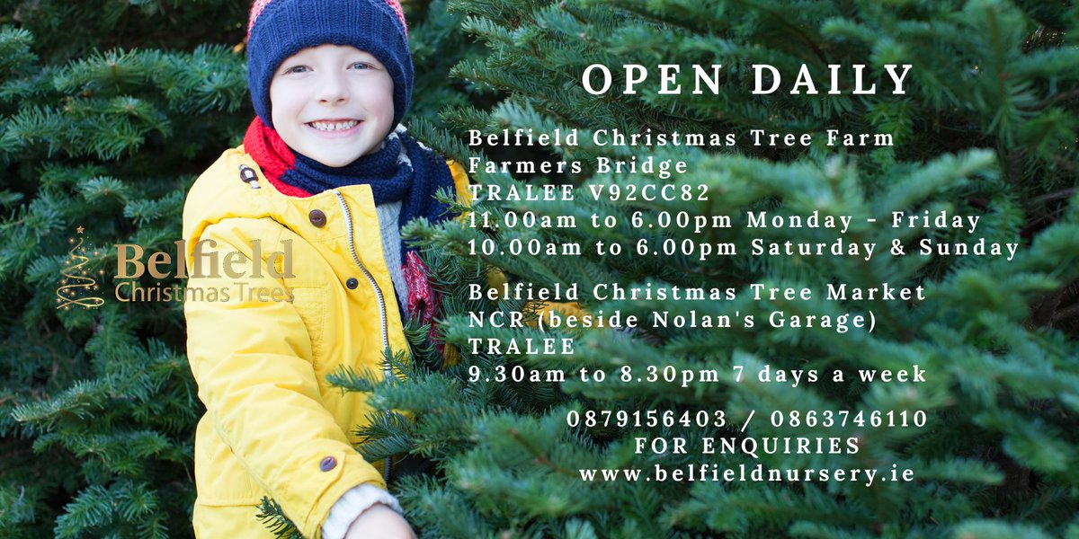 Both our Christmas Tree Farm (Farmers Bridge) and Christmas Tree Market (NCR, #Tralee - beside Nolan's Garage) are open daily and you can also order on or website belfieldnursery.ie #LoveARealTree #Christmas