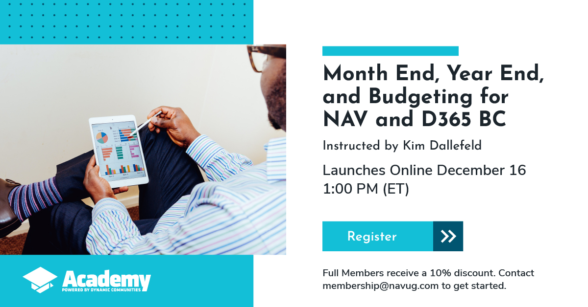 Earn CPE credits while learning important #MsDynNAV #MsDyn365BC year-end best practices from expert Kim Dallefeld in this ½ day course: hubs.ly/H0zrg220

✔️ Fast &amp; accurate month-end close
✔️ Uploading, maintaining &amp; reporting budgets
✔️ Correct process for year-end close