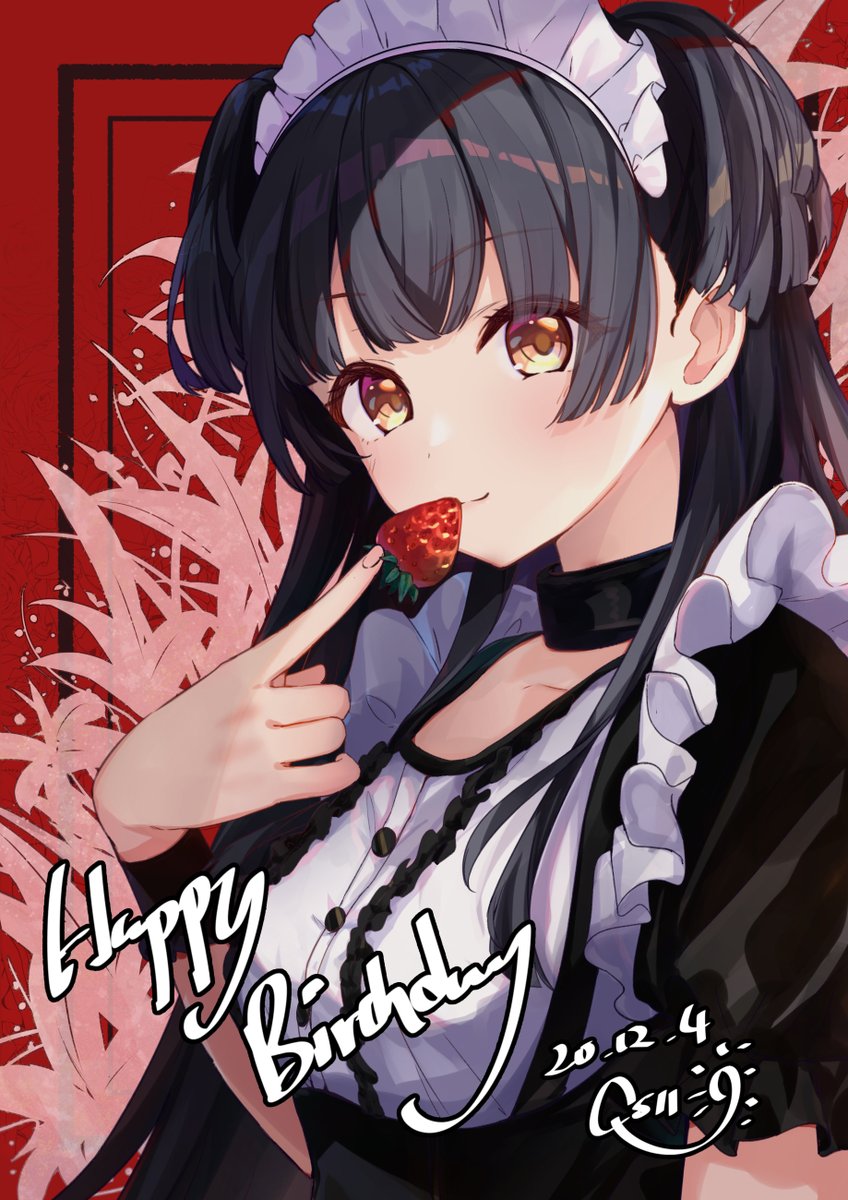mayuzumi fuyuko 1girl solo food black hair maid headdress fruit happy birthday  illustration images