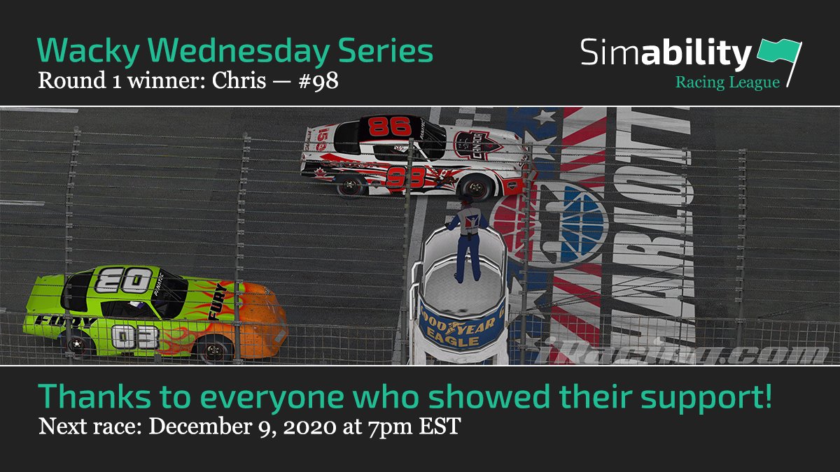 simability's tweet image. Congrats to Chris for winning yesterday&apos;s Wacky Wednesday Series race.  Most importantly, thank you to everyone who came out and showed your support! 😀 To learn about our casual @iRacing series, please visit jacobsidman.com/wacky-wednesda….
#simability #levelplayingfield #simracing