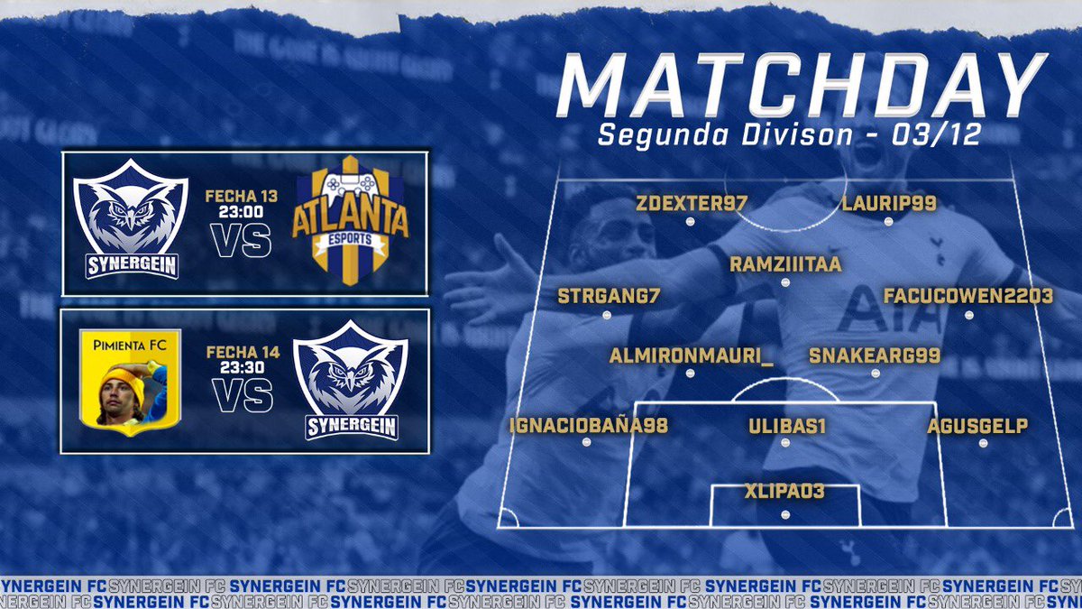 #Synergein | #SegundaDivision  

🗓️FECHA 13
🕚23:00
🆚<a href="/eSport_Atlanta/">CA Atlanta eSports</a> 

🗓️FECHA 14
🕚23:30
🆚 <a href="/FcPimienta/">Pimienta Fc</a> 

📺 Twitch.tv/synergeinfc

#VamoSynergein 🦉