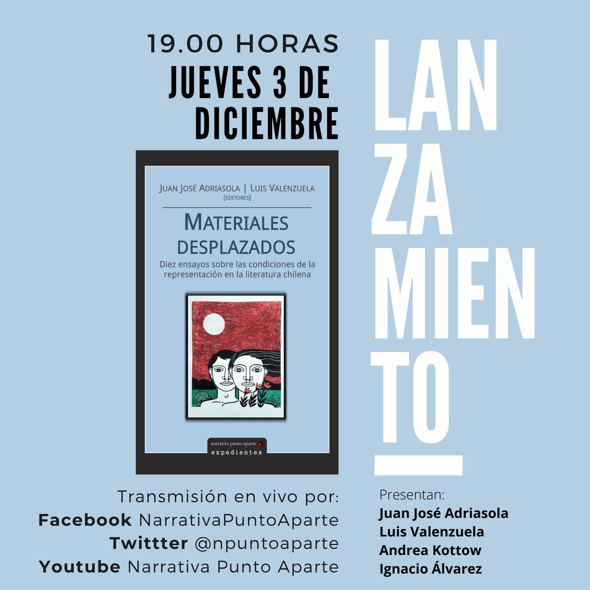 En un rato más se presenta este libro editado por Luis Valenzuela (Unab) y Juan José Adriasola (Uah). Incluye ensayos de Stefanie Massmann y Nicolás Román.
Presenta Ignacio Álvarez y Yanina Guerra
https://t.co/fpUpjj5ceh
https://t.co/UlTZsCWgck
https://t.co/QOoKqzxzR7 https://t.co/vq5k1EGxco