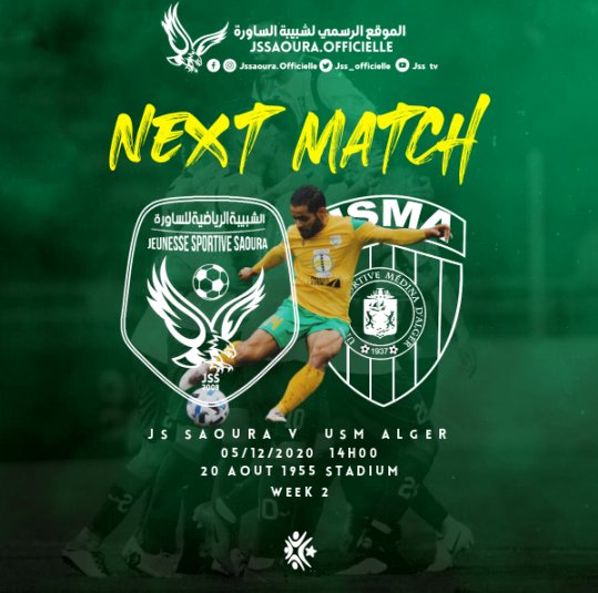 تحت شعار  غير نقاط لياسما لي ندوها دراع💪  نسور الجنوب الجزائري الكبير تعود الى ملعبها الرئيسي بإجراء اول مقابلة رسمية لها منذ توقف الرابطة المحترفة الاولى الموسم الماضي بسبب الوباء 
.
#شبيبة_الساورة vs #إتحاد_العاصمة 
الجولة الثانية 👏
السبت 05 ديسمبر 2020 🛎
🏟 ملعب 20 أوت بشار