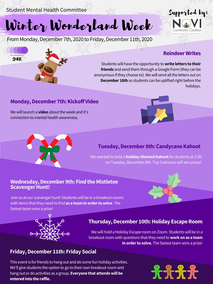 Novi Student Mental Health Committee (@novismhc) on Twitter photo Next week is Winter Wonderland week ❄️ for students at Novi High School with virtual activities every day. Sign up and join us for our activities at linktr.ee/smhc to be entered in raffles with hot chocolate gift sets, Godiva chocolate bags, or stickers! <a href="/nikkicarter81/">Nicole Carter, Ed.S</a> Next week is Winter Wonderland week ❄️ for students at Novi High School with virtual activities every day. Sign up and join us for our activities at linktr.ee/smhc to be entered in raffles with hot chocolate gift sets, Godiva chocolate bags, or stickers! <a href="/nikkicarter81/">Nicole Carter, Ed.S</a>