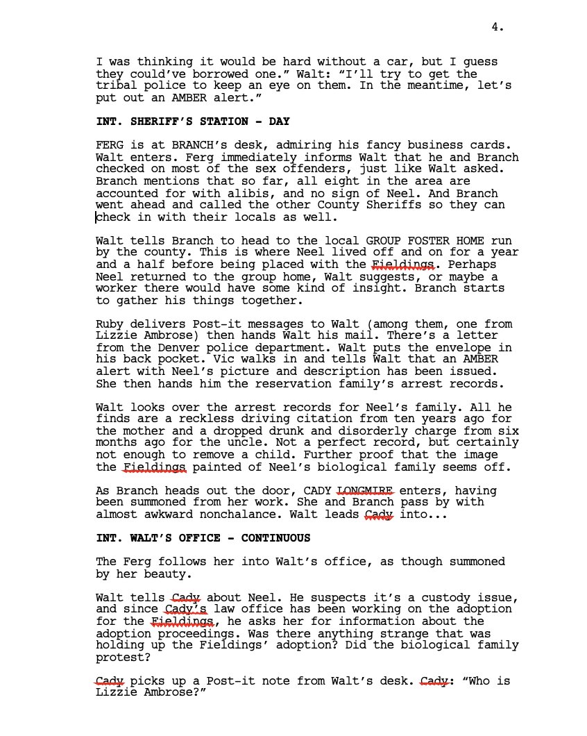 After that, the next step was outlining. On LONGMIRE, the outlines were much, much more detailed than yr usual. Nearly scripts in prose form, 30+ pages in length. Here, you work out the structure of each scene with the occasional key line of dialogue. Opening pages, for example: