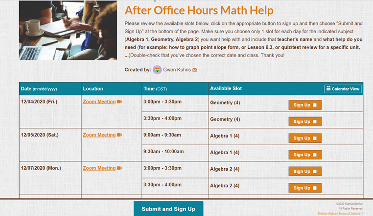 PSCougars's tweet photo. Cougars! Need a little more help with math but can't make it to office hours or virtual tutoring? Then use our Sign-up Genius form to sign up for After Office Hours Math Help! https://t.co/Bt9IBYIHAU https://t.co/EULlaWbpmZ