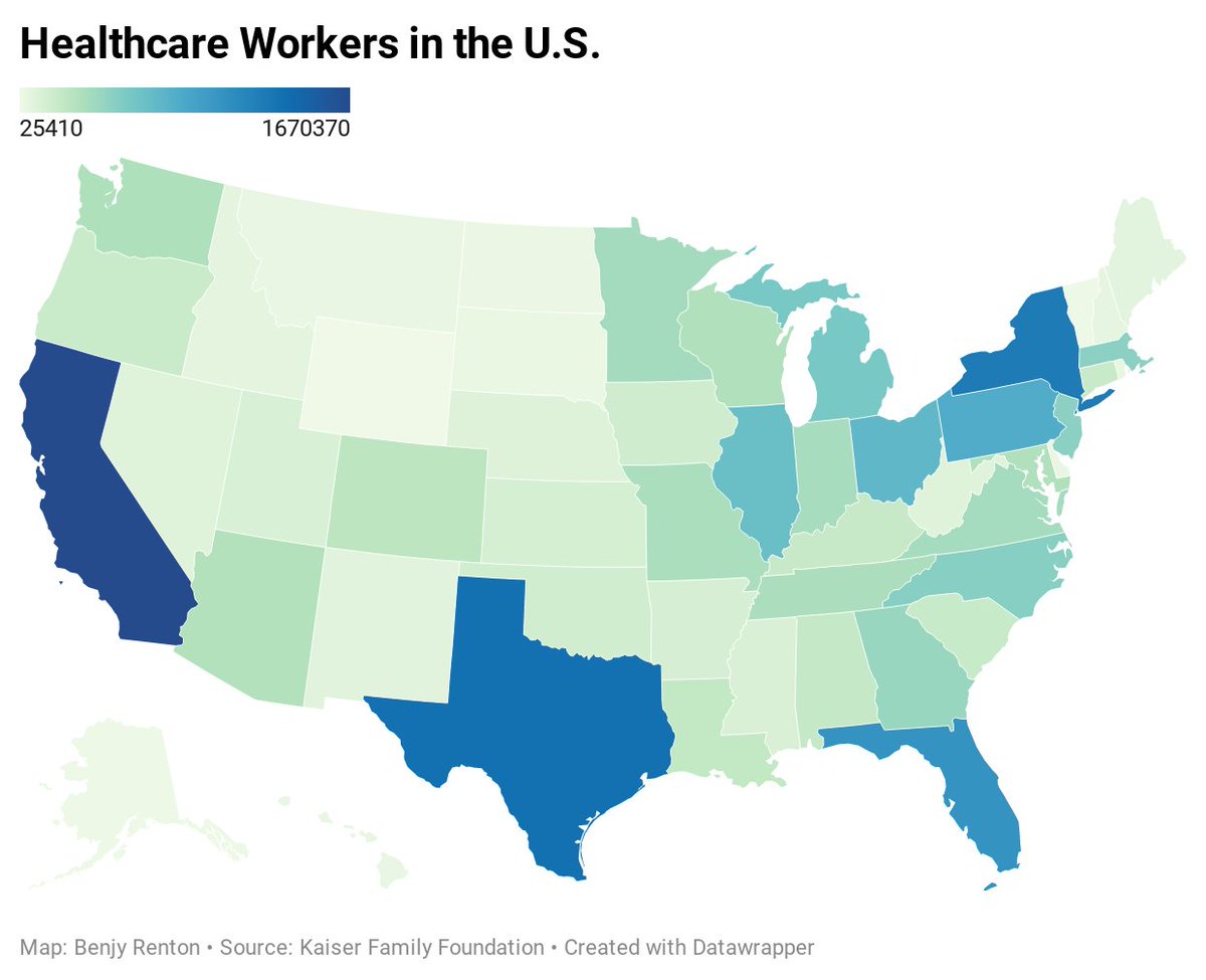 Most, if not all, states will prioritize healthcare workers in their initial vaccine distribution plans.  @KFF data from 2018 show us how many healthcare workers (around 17 million nationally) are in each state. https://www.kff.org/other/state-indicator/total-health-care-employment/?currentTimeframe=0&sortModel=%7B%22colId%22:%22Location%22,%22sort%22:%22asc%22%7D