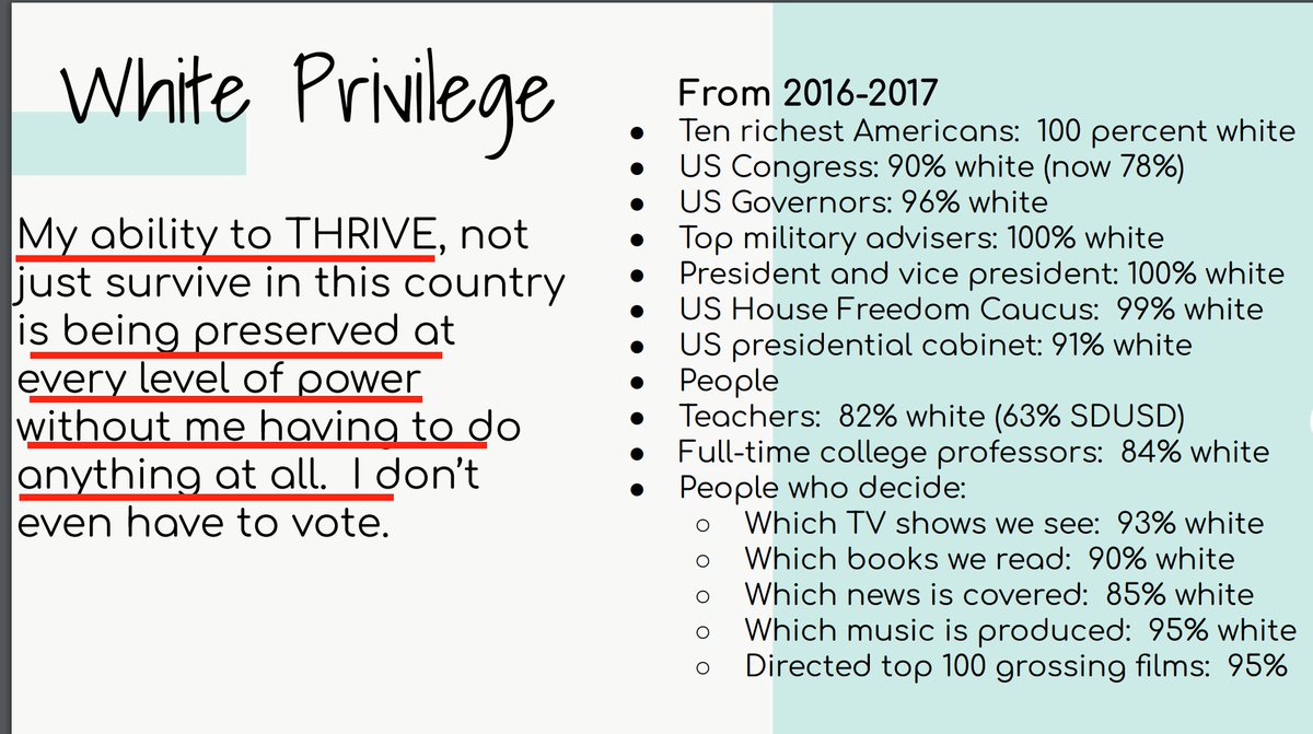 The teachers are told that they are part of an oppressive white power structure. The trainers claim that "white people in America hold most of the [power]" and that white teachers have an "ability to thrive" that is "being preserved at every level of power."