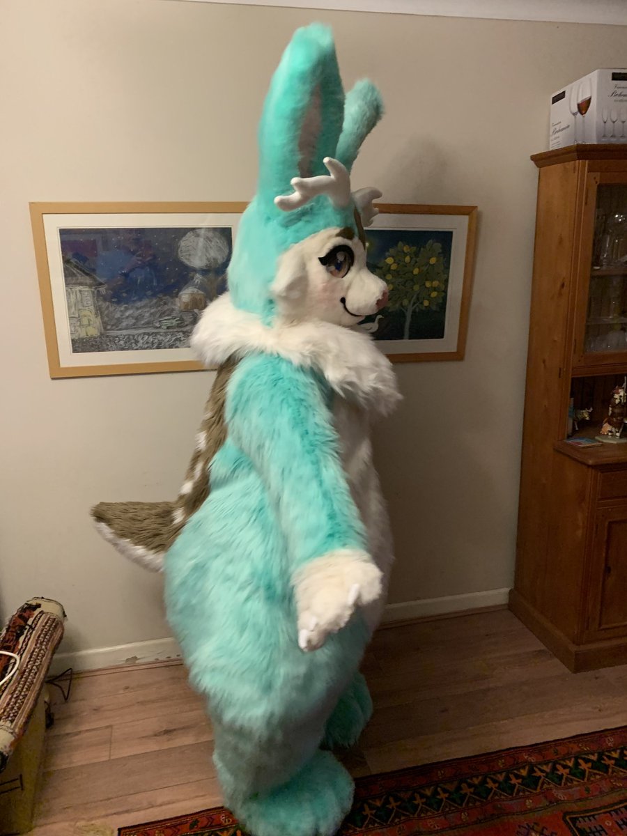 Oldehag1's tweet photo. Chonky jackalope coming my way.
Their name is Peppermint 
 Thanks to maker of the suit and model for these photos @peachiepig https://t.co/xgiRlOvPo0