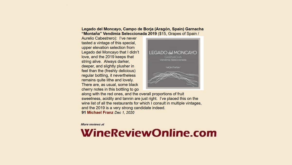 Michael Franz (@michael_franz) on Twitter photo I reviewed 9 #Spanish #wines this week at <a href="/WineReviewOnlin/">WineReviewOnline.com</a>, including this 1:
Legado del Moncayo 2019 Garnacha “Montaña” Vendimia Seleccionada, Campo de Borja, Aragón, #Spain
($15, @GrapesOfSpain / Aurelio Cabestrero)
91 Points
Read #wine reviews at WineReviewOnline.com/wine_reviews.c… I reviewed 9 #Spanish #wines this week at <a href="/WineReviewOnlin/">WineReviewOnline.com</a>, including this 1:
Legado del Moncayo 2019 Garnacha “Montaña” Vendimia Seleccionada, Campo de Borja, Aragón, #Spain
($15, @GrapesOfSpain / Aurelio Cabestrero)
91 Points
Read #wine reviews at WineReviewOnline.com/wine_reviews.c…