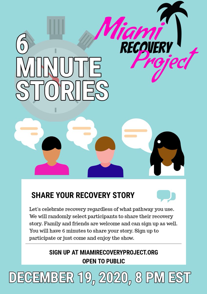 Wanna share your recovery story? Join <a href="/MiamiRProject/">Miami Recovery Project</a> for their next event on Sat, Dec 19, at 8PM. Sign up to share your story or just come enjoy the show. Participants will have 6 minutes to share. Are you up for the challenge? Sign up at miamirecoveryproject.org #miami #recovery